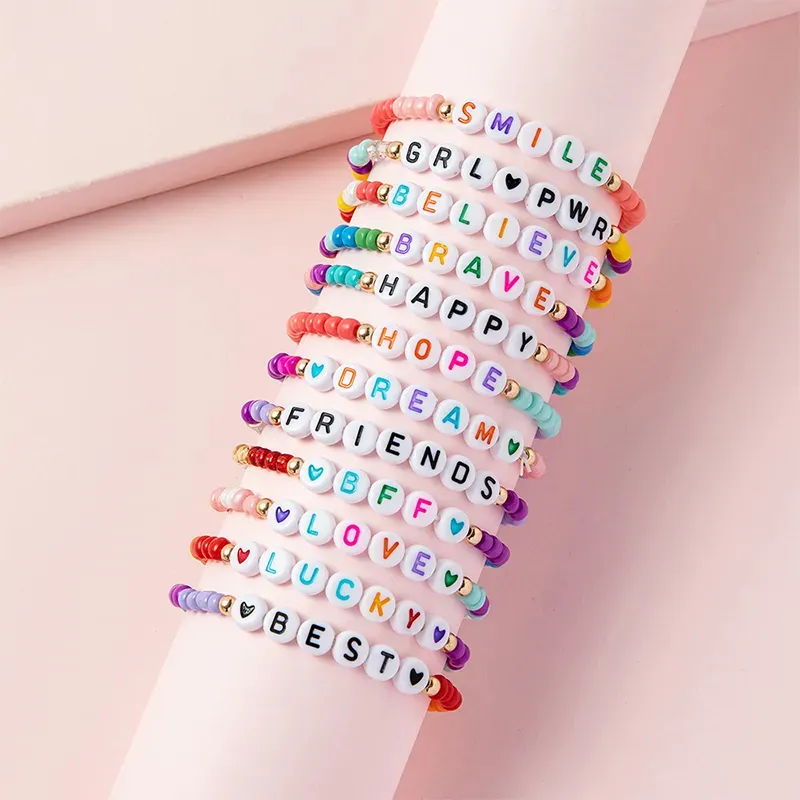 12 pezzi ragazzi bambini bambini lettere di energia positiva colorata parole di coraggio colore caramella nome di perline braccialetto