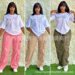 Nouveautés été 2024 en stock, ensemble deux pièces décontracté pour femmes avec <span class=keywords><strong>pantalon</strong></span> ample simple et plusieurs poches pour <span class=keywords><strong>Amazon</strong></span> AliExpress - Product Image 6
