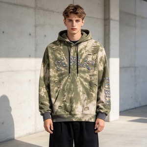 Sudadera con capucha para hombre OEM personalizada, con lavado ácido, tie-dye y efecto desgastado, con pedrería, efecto Monkey Wash, extragrande, de peso pesado, estilo streetwear - Product Image 3