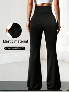 High Waist Flared Leg Yoga <b>Leggings</b> Solid Black Contrast <b>Stitch</b> Four-Way Stretch Full Length Elastic Waist - Product Image 6