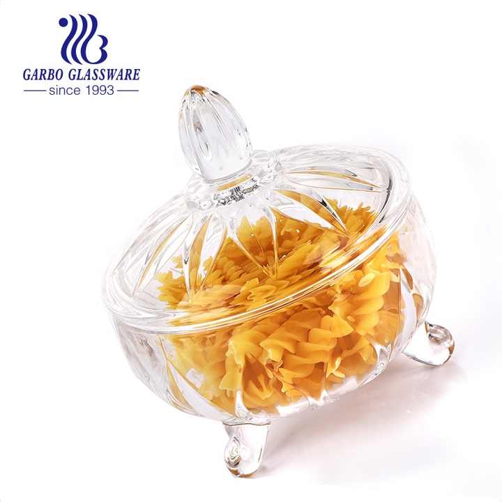 China Wholesale high white engraved crystal clear with lid sugar pot sugar bowl glassware candy sweet food storage glass jars