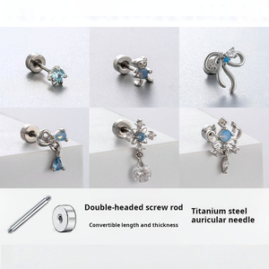 Pendientes de barra de acero inoxidable con colgante de oso y lazo de cobre |   Piercings de Cartílago con Doble Rosca para Mujeres y Niñas - Product Image 2