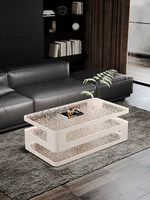 Table basse rectangulaire de style moderne minimaliste pour salon, avec plateau en verre trempé et structure en bois BTCT030