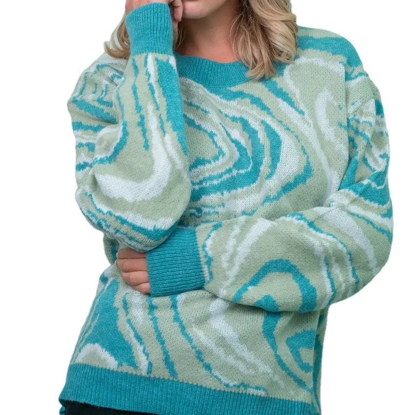 Оптовая продажа, модный жаккардовый вязаный свитер с круглым вырезом для женщин, пуловер, свободный свитер, вязаный свитер с корейским принтом для женщин