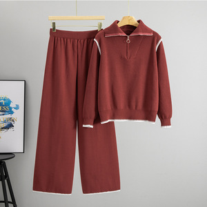 Conjunto de Dos Piezas de Punto para Mujer, Otoño Invierno, Suéter de Cuello Alto con Media Cremallera y Pantalones Anchos - Product Image 5