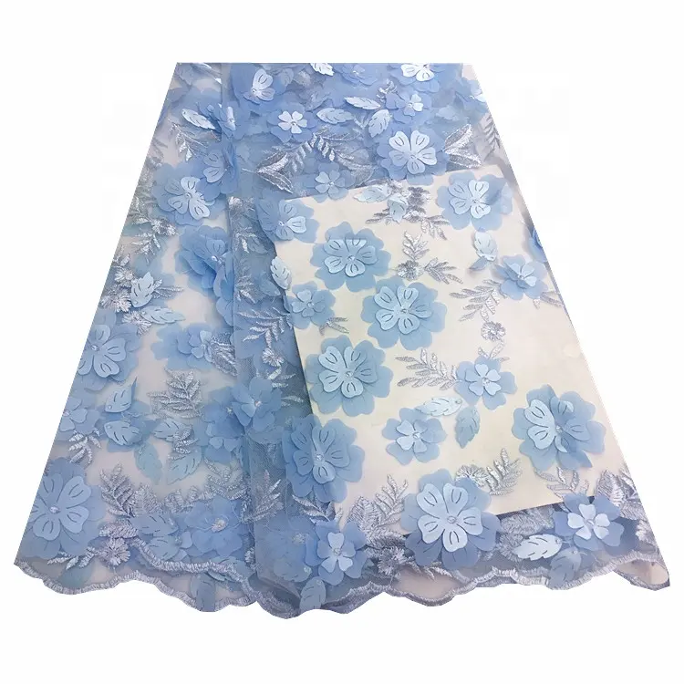 Best Selling Blue Wedding Lace Fabric French 3D Applique Flowers Laser Embroidery Net Lace Nigerian Chemical Tulle Lace