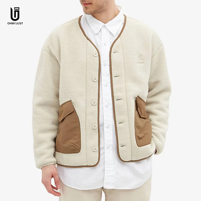 Wholesale Full Sleeve Luxury Khaki Micro Polar Fleece Button Up Coaches Lining Blank Varsity Men'S Jacket For Men Winter