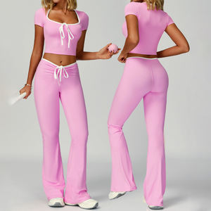 Big Butt Lift Ruffle Yoga Leggings Set <span class=keywords><strong>Ropa</strong></span> Deporte Mujer Gym Sportswear EU/US Size Wholesale 2 Piece Mujeres - Product Image 4