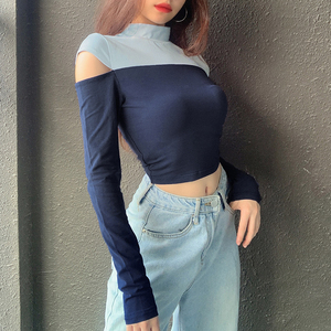 <span class=keywords><strong>Crop</strong></span> <span class=keywords><strong>top</strong></span> à manches longues t-shirt <span class=keywords><strong>blanc</strong></span> pour les femmes t-shirt à deux tons couleur bloc t-shirt dames - Product Image 4