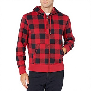 Men's Buffalo Plaid Full <b>Zip</b> <b>Hoodie</b> Red & <b>Black</b> Checkered Fleece <b>Zip</b>-<b>Up</b> Hooded Sweatshirt Jacket with Drawstring Hood - Product Image 1
