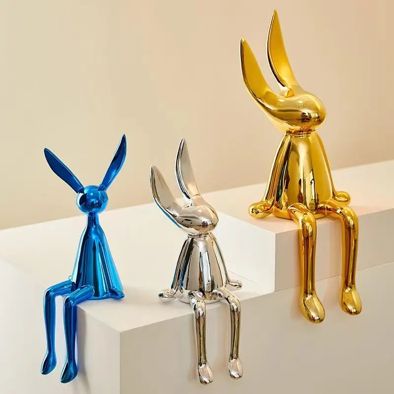 Arte moderna ornamentos de mesa sentados, coelho decoração casa criativo banhado a <span class=keywords><strong>ouro</strong></span> prata azul coelho escultura