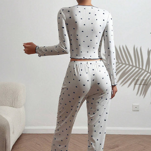 2026 Dames Pyjama Set Sexy Kant V-hals Strik Nachtkleding Hart Print Lange Mouwen & Broek Nachtkleding Loungewear Outfit - Product Image 3
