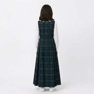 Conjunto de Uniforme Escolar Formal de Primavera para Niñas, Color Verde Marino Sólido, Vestido con Mangas Largas, Camisa Blanca con Cuello Peter Pan - Product Image 2