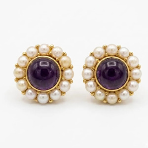 Classic Gold Plated Amethyst Pearl Round <b>Stud</b> <b>Earrings</b>, 15mm Brass Office Wear - Product Image 1