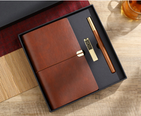 Ensemble cadeau de 3 pièces, carnet en cuir PU avec stylo en bois et en laiton et clé USB 16 Go dans un coffret cadeau, logo personnalisé
