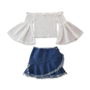 2021 bastante de las muchachas de los niños ropa de bebé blanco volantes tul camisas denim & vestido de falda 2pcs niñas trajes