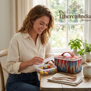 Sac à déjeuner matelassé en Ikat écologique à deux sangles, organiseur alimentaire en coton, étui de transport zippé, sac de rangement pour collations de voyage - Product Image 4