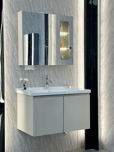 Meuble-lavabo moderne <span class=keywords><strong>en</strong></span> acier inoxydable kaki, armoire murale <span class=keywords><strong>en</strong></span> PVC <span class=keywords><strong>avec</strong></span> miroir vitré à droite et vasque <span class=keywords><strong>en</strong></span> céramique - Product Image 5
