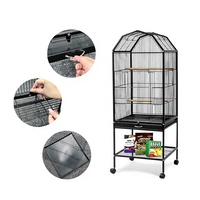 Cage à oiseaux sur roulettes avec étagère de rangement, maison pour perroquets en métal équipée de mangeoires et de perchoirs en bois