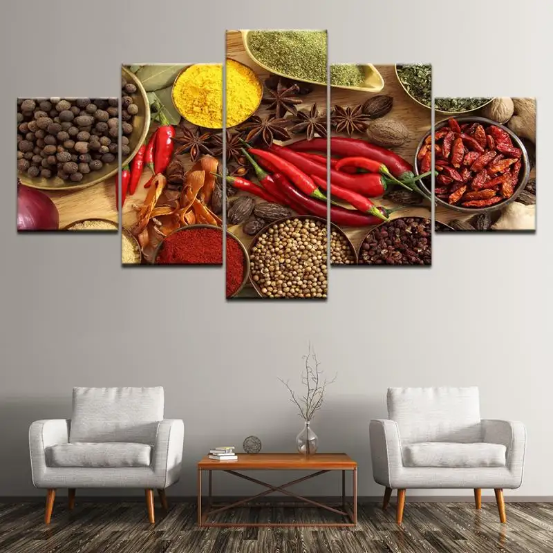 Dekorasi Rumah Poster Seni Dinding Cetak 5 Panel Sendok Biji-bijian Rempah-rempah Pepper Kanvas Lukisan Dapur Modular HD Gambar Makanan