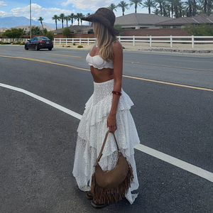 Falda midi de playa estilo INS con textura, transparencias, dobladillo asimétrico con volantes, cintura elástica y ajuste ceñido para vacaciones. - Product Image 3