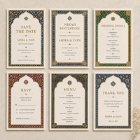 Ensemble d'invitations de mariage musulmanes traditionnelles de luxe, cartes en papier imprimées sur mesure avec motif mosaïque complexe et options de cadres multicolores