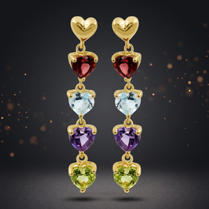 GOURIK Heart Shape Multi Gemstone Drop <b>Earrings</b> 925 Silver Gold Plated Trendy Long Linear Style Claw Setting Jewelry for Women - Product Image 3