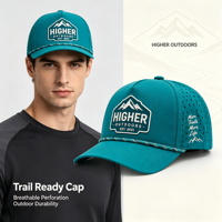 Casquette de baseball Performance pour l'extérieur, imperméable, séchage rapide, avec panneau latéral perforé, patch en caoutchouc montagne et accent en corde, idéale pour le golf