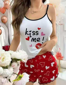 Conjunto de pijama de 2 piezas sin mangas y pantalones cortos de manga corta para mujer al por mayor, ropa de dormir de secado rápido con estampado de dibujos animados de verano con cintura elástica - Product Image 3