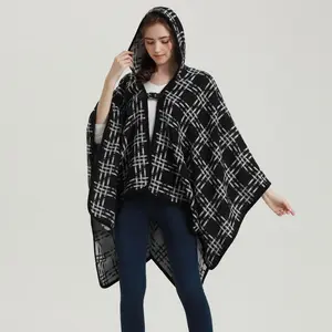2023 New women's shawl with leather buckle thick blanket plaid coat warm grid scarf with cap for autumn winter