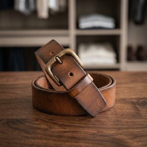 Ceinture homme en cuir de vachette véritable, style vintage, avec boucle en acier, écologique, imperméable et durable, 3,8 cm, modèle Uttar, best-seller BS INTERNATIONAL - Product Image 1
