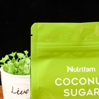 Pochette à fond plat brillant avec logo personnalisé pour l'emballage du sucre de coco, sachet à huit soudures latérales avec fermeture éclair
