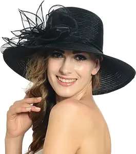 Chapéu da igreja da moda feminina, chapéu da igreja derby com aba larga e floral, chapéus de festa de casamento