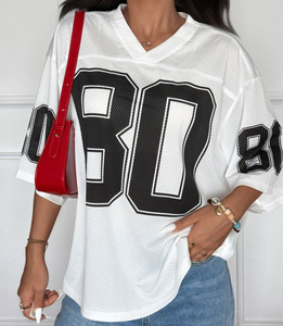 T-shirt pour femme RUICHI, style streetwear américain, imprimé lettres, col en V, coupe ample décontractée, basique - Product Image 5