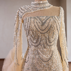 Rsm261026 Long Sleeve Evening Dress Champagne Turtle Color Lace-Up Back Beaded Crystal Detail For Prom Dress Jancember - Product Image 5