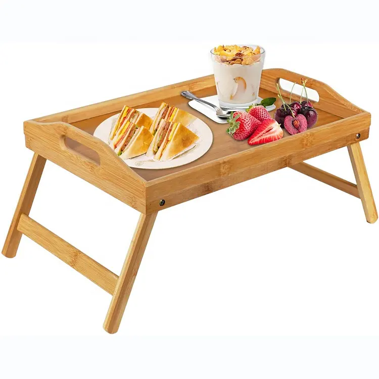 Bamboo Bed Breakfast Storage Trays Folding Laptop Desk Tea Food Serving Tray Coffee Table Holder