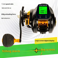 Moulinet de pêche électrique lumineux à affichage, avec alarme sonore, rapport de vitesse élevé 7.2:1, force de freinage 10kg, et fonction de mesure de ligne.