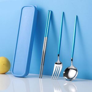 304 Portuguese Stainless Steel Cutlery Silverware Chopsticks Fork Spoon Cute Portable 3pcs Flatware Dinnerware Set With <b>Box</b> - Product Image 1