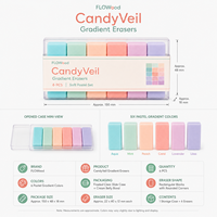 FLOWood CandyVeil 6 Gommes Pastel Dégradées, Gommes Douces et Nettoyantes, Étui de Rangement en Plastique Transparent, Papeterie pour Étudiants et Dessin