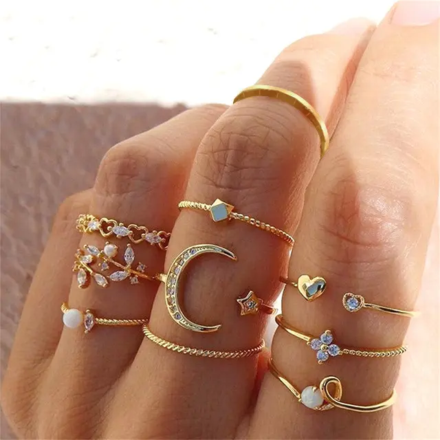 Stackable Dainty ชุดแหวนโบโฮ,แหวนรูปใบไม้และดวงจันทร์จำนวน10ชิ้นแหวนวงแหวนสำหรับเปิดข้อนิ้ว