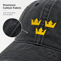 Casquette de baseball unisexe personnalisée vintage noire délavée à 6 panneaux avec broderie dorée 3 couronnes légère, anti-UV, ajustable et respirante