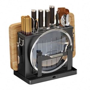 Cutting Board Organizer Holder Knife Block Holder Pot Lid <b>Rack</b> Drying <b>Rack</b> with Draining Tray Cookware <b>Storage</b> Stand Black - Product Image 1
