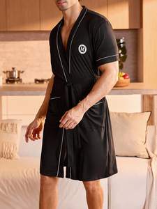 Peignoir d'été <span class=keywords><strong>pour</strong></span> <span class=keywords><strong>homme</strong></span>, couleur unie, style ample et léger, <span class=keywords><strong>court</strong></span>, avec ceinture, <span class=keywords><strong>pour</strong></span> la maison, <span class=keywords><strong>pyjama</strong></span> - Product Image 1