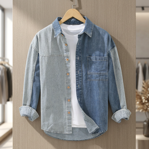 Nouvelles chemises en jean pour hommes, printemps, style streetwear, manches longues, hauts amples, patchwork à rayures, mode jeune et tendance - Product Image 2