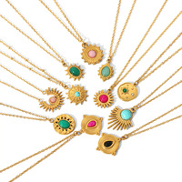 Collier pendentif en pierre naturelle de style rétro vintage, motif floral, plaqué or 18 carats, longue chaîne en acier inoxydable pour femme, usage quotidien