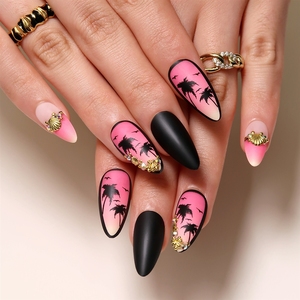 Faux ongles à presser en acrylique 3D de haute qualité, motif cocotier noir et mouette dorée, vente en gros - Product Image 1