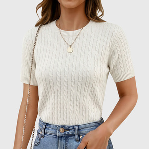 Suéter Casual de Punto Trenzado de Manga Corta Transpirable Blanco para Mujer - Product Image 1