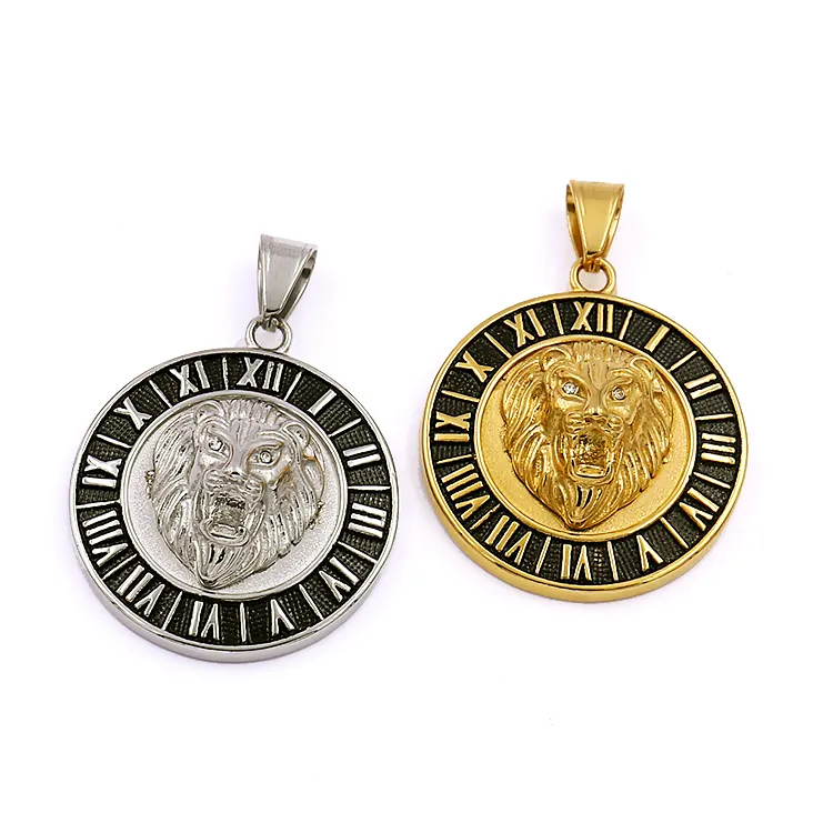 Wholesale Stainless Steel Jewelry Gold Lion Carved Round Customize Logo Necklaces Pendant Roman Number Lion Pendant