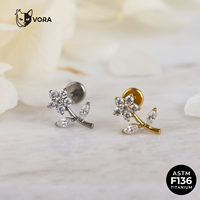 Anting-anting stud titanium VORA G23 F136 Flatback Tragus dengan ulir dalam, zircon, untuk tulang rawan helix, motif bunga, untuk anak-anak.