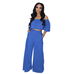 Conjunto de Dos Piezas Elegante de Moda <span class=keywords><strong>2020</strong></span> para <span class=keywords><strong>Mujer</strong></span>, Pantalones Anchos Casuales Urbanos, Mono Transpirable, <span class=keywords><strong>Ropa</strong></span> de Talla Grande, Cintura Alta - Product Image 4